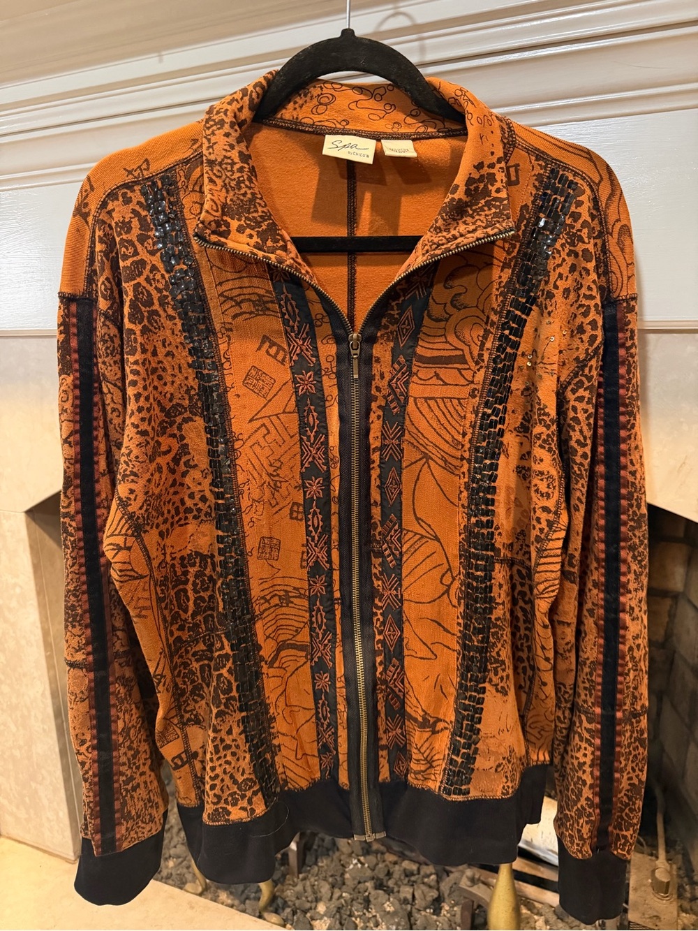 Chico's Tan and Black Patterned Zip-Front Beaded Jacket size Large